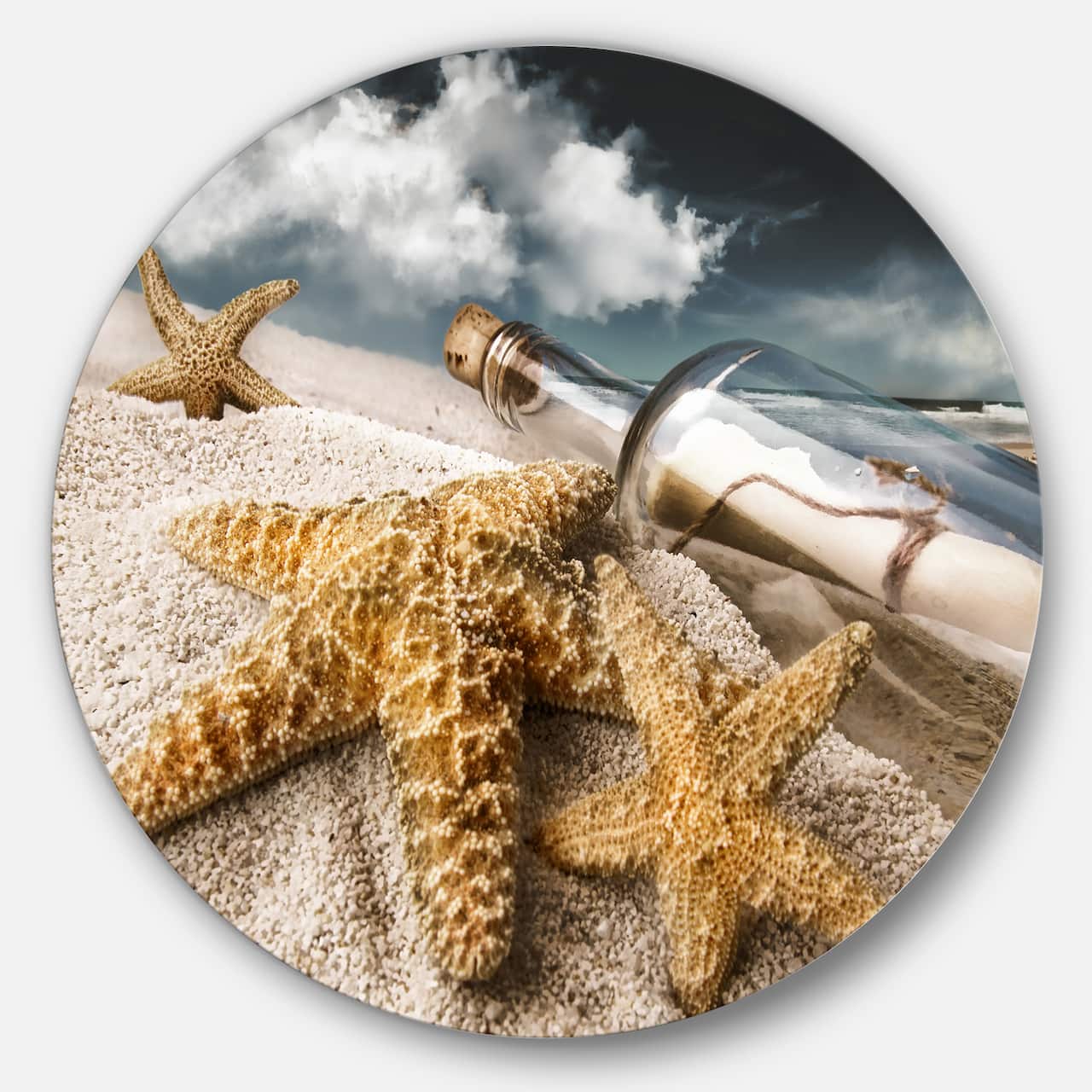 Designart - Message Bottle Buried in Sand' Disc Seascape Metal Circle Wall Art